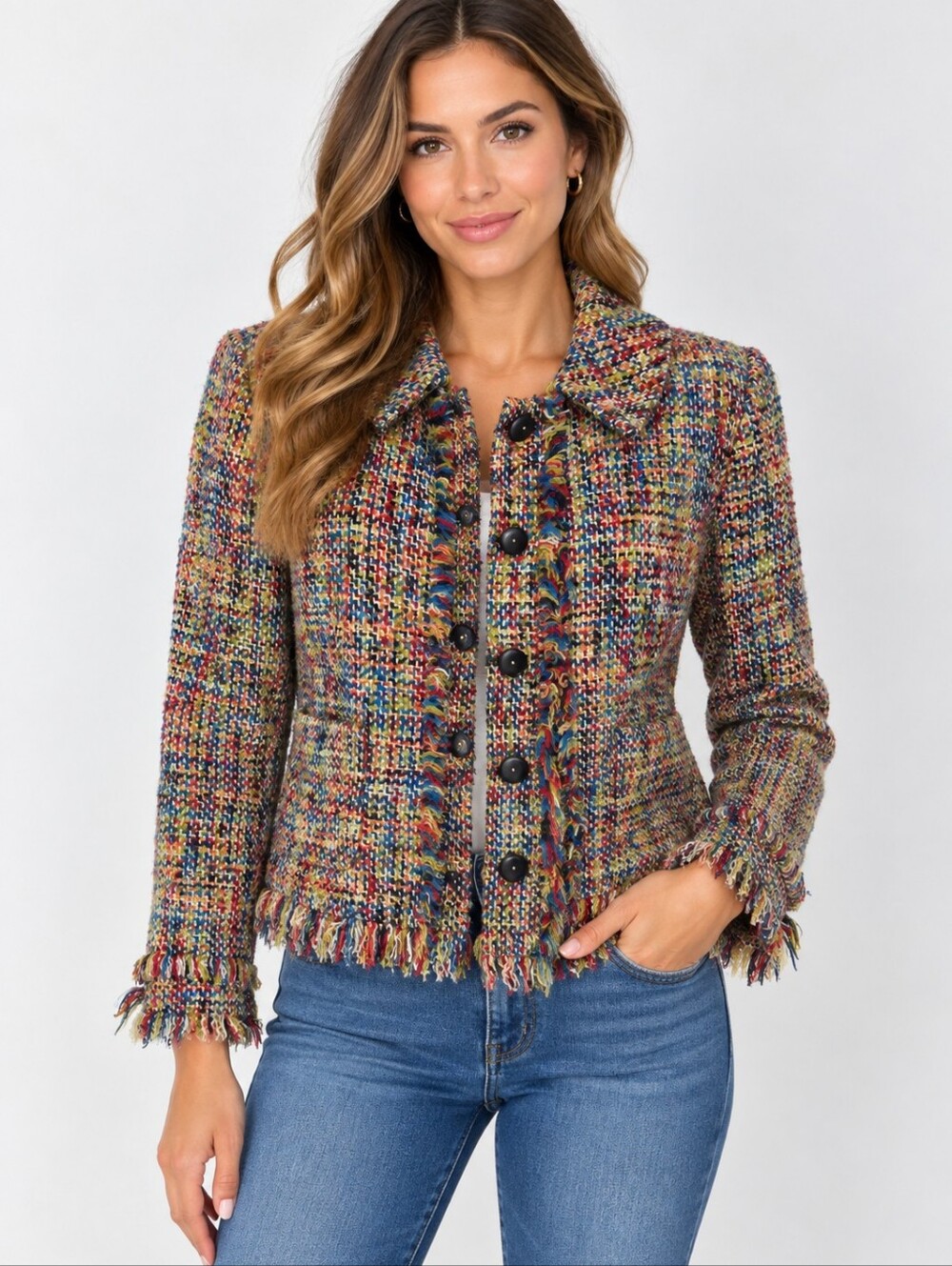 Oscar de la Renta Oscar Tweed Blazer Women 10 Multicolor Wool Fringe Jacket